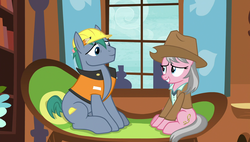Size: 1920x1090 | Tagged: safe, screencap, hard hat (g4), wrangler, earth pony, pony, fluttershy leans in, g4, clothes, cowboy hat, duo, hard hat, hat, safari jacket, shirt, skunk stripe, stetson