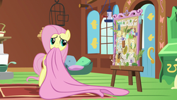 Size: 1920x1090 | Tagged: safe, screencap, fluttershy, pegasus, pony, fluttershy leans in, g4, c:, cute, female, fluttershy's dreamboard, mare, mouth hold, shyabetes, smiling, solo