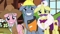 Size: 1920x1090 | Tagged: safe, screencap, dandy grandeur, hard hat (g4), wrangler, earth pony, pony, unicorn, fluttershy leans in, g4, my little pony: friendship is magic, bowtie, clothes, cowboy hat, female, floppy ears, grin, hat, male, mare, nervous, nervous smile, shirt, smiling, stallion, stetson