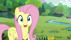 Size: 1920x1090 | Tagged: safe, screencap, fluttershy, pegasus, pony, fluttershy leans in, g4, cute, female, folded wings, looking at you, mare, open mouth, raised hoof, shyabetes, smiling, solo, wings