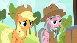 Size: 1920x1090 | Tagged: safe, screencap, applejack, wrangler, earth pony, pony, fluttershy leans in, g4, clothes, cowboy hat, duo, duo female, female, hat, mare, raised eyebrows, safari jacket, shirt, stetson