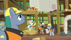 Size: 1920x1090 | Tagged: safe, screencap, ambrosia, cindy block, hard hat (g4), jack hammer, rivet, steam roller (g4), earth pony, pony, fluttershy leans in, g4, construction pony, construction site, female, hammer, male, mare, mouth hold, stallion