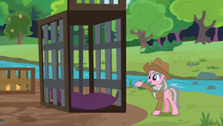 Size: 1920x1090 | Tagged: safe, screencap, wrangler, earth pony, pony, fluttershy leans in, g4, cage, clothes, cowboy hat, hat, safari jacket, shirt, skunk stripe, solo, stetson
