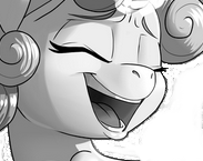 Size: 183x145 | Tagged: safe, artist:pusspuss, edit, sweetie belle, pony, g4, black and white, cropped, cute, diasweetes, eyes closed, female, grayscale, meme, meme face, monochrome, open mouth, singing, solo