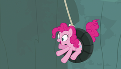 Size: 1920x1090 | Tagged: safe, screencap, pinkie pie, earth pony, pony, fluttershy leans in, g4, female, mare, solo, tire swing