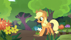 Size: 1920x1090 | Tagged: safe, screencap, applejack, earth pony, pony, fluttershy leans in, g4, female, flower, mare, planting, solo
