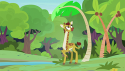 Size: 1920x1090 | Tagged: safe, screencap, clementine, giraffe, pony, fluttershy leans in, female, palm tree, raised hoof, solo, sweet feather sanctuary, tree