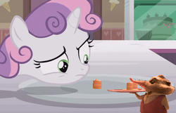 Size: 684x441 | Tagged: safe, edit, edited screencap, screencap, sweetie belle, pony, shrew, unicorn, forever filly, g4, cake, critter, food, meme, plate, servant, sweetie's plate, waiter, zootopia