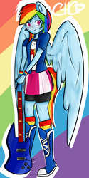 Size: 950x1901 | Tagged: safe, artist:cuteheartcaty, rainbow dash, equestria girls, g4, boots, clothes, compression shorts, cute, electric guitar, female, guitar, looking at you, moe, musical instrument, ponied up, rainbow, shorts, skirt, socks, solo, wings, wristband