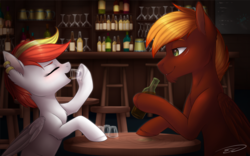 Size: 3473x2162 | Tagged: safe, artist:doekitty, oc, oc only, oc:sunny flare, pegasus, pony, alcohol, bar, blushing, bottle, commission, cup, dexterous hooves, drinking, duo, ear piercing, earring, eyes closed, father and daughter, female, glass, high res, jewelry, male, mare, piercing, smiling, stallion, stool, underhoof