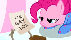 Size: 2560x1440 | Tagged: safe, artist:dwk, edit, edited screencap, screencap, pinkie pie, earth pony, pony, totally legit recap, g4, my little pony: friendship is magic, rock solid friendship, bed, bell, clothes, cowbell, female, note, onesie, pajamas, paper, pie sisters pajamas, solo