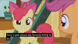 Size: 2560x1440 | Tagged: safe, screencap, apple bloom, scootaloo, earth pony, pony, forever filly, g4, cutie mark, female, filly, meme, the cmc's cutie marks, treehouse logo, youtube caption
