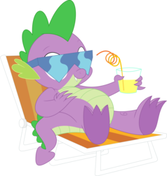 Size: 3387x3562 | Tagged: safe, artist:porygon2z, spike, dragon, g4, the cutie re-mark, beach chair, chair, crazy straw, drink, high res, juice, lemonade, lounging, male, simple background, solo, sunglasses, transparent background, vector