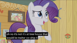 Size: 2560x1440 | Tagged: safe, edit, edited screencap, screencap, apple bloom, applejack, babs seed, granny smith, rarity, earth pony, pony, g4, female, implied shipping, meme, solo focus, traitor, treehouse logo, youtube caption