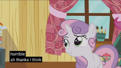 Size: 2560x1440 | Tagged: safe, screencap, sweetie belle, pony, forever filly, g4, female, meme, solo, treehouse, youtube caption