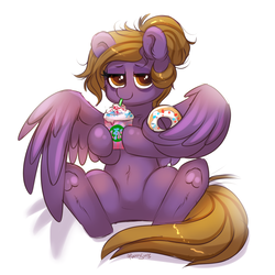 Size: 1000x1000 | Tagged: safe, artist:confetticakez, oc, oc only, pegasus, pony, cute, donut, drinking, female, food, hair bun, looking at you, mare, ocbetes, simple background, solo, starbucks, tired, underhoof, unicorn frappuccino, white background