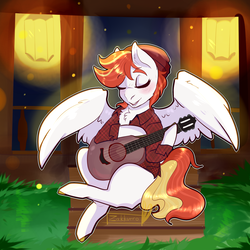 Size: 2500x2500 | Tagged: safe, artist:zakkuro, oc, oc only, oc:sunny flare, pegasus, pony, female, guitar, high res, mare, solo