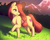 Size: 1926x1550 | Tagged: safe, artist:katputze, apple bloom, earth pony, pony, g4, beautiful, chest fluff, cowboy hat, cutie mark, female, flower, grass, hair over one eye, hat, mare, mountain, older, raised hoof, scenery, solo, stetson, sunset, the cmc's cutie marks