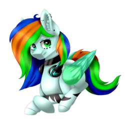 Size: 1024x976 | Tagged: safe, artist:dimmed36, oc, oc only, oc:andri dash klor, pegasus, pony, art trade, choker, female, headphones, heterochromia, mare, piercing, prone, simple background, solo, transparent background