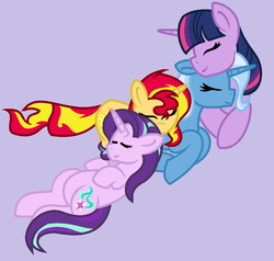 Size: 972x924 | Tagged: safe, artist:calibykitty, starlight glimmer, sunset shimmer, trixie, twilight sparkle, alicorn, pony, unicorn, g4, cuddling, eyes closed, female, floppy ears, group, lying down, magical quartet, mare, purple background, resting, simple background, smiling, snuggling, twilight sparkle (alicorn)