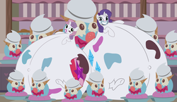 Size: 4300x2500 | Tagged: safe, artist:mintydrop2013, rarity, sweetie belle, pony, forever filly, g4, belly, chubby, clown surprise, fat, food, high res, ice cream, impossibly large belly, messy eating, morbidly obese, obese, raritubby, stuffed, sweetie belly