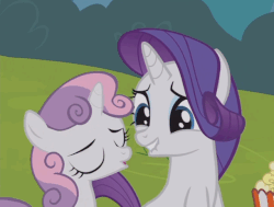 Size: 611x463 | Tagged: safe, screencap, rarity, sweetie belle, pony, forever filly, g4, female, food, gif, lip bite, non-animated gif, out of context, popcorn