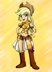 Size: 1024x1408 | Tagged: safe, artist:rio-mccarthy, applejack, equestria girls, g4, appleyang, belly button, boots, clothes, crossover, female, midriff, rwby, shorts, solo, vest, watermark, yang xiao long