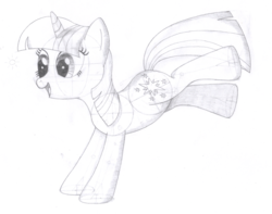 Size: 1696x1336 | Tagged: safe, artist:aafh, twilight sparkle, pony, unicorn, g4, bucking, cute, female, grayscale, happy, lineart, mare, monochrome, open mouth, simple background, sketch, solo, traditional art, twiabetes, unicorn twilight, white background