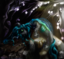 Size: 1024x938 | Tagged: safe, artist:feng-shui1301, queen chrysalis, changeling, changeling queen, g4, cave, crying, female, former queen chrysalis, glowing mushroom, mushroom, prone, rock, sad, solo