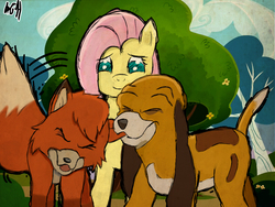 Size: 1024x768 | Tagged: safe, artist:mr4500k, fluttershy, dog, fox, g4, best friends, biting, copper (the fox and the hound), crossover, cute, disney, drawing, flower, forest, playing, the fox and the hound, tod