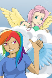 Size: 1400x2100 | Tagged: safe, artist:hjolle, fluttershy, rainbow dash, human, g4, duo, humanized, thumbs up, winged humanization, wings