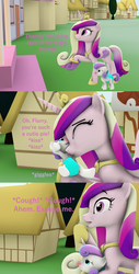 Size: 1645x3240 | Tagged: safe, artist:red4567, princess cadance, princess flurry heart, pony, g4, 3d, baby, baby pony, cold, comic, coughing, dialogue, diaper, female, filly, flu, kissing, red nosed, sick, source filmmaker