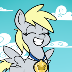 Size: 500x500 | Tagged: dead source, safe, artist:reiduran, derpy hooves, pegasus, pony, g4, parental glideance, cloud, cute, derpabetes, eyes closed, female, grin, mare, medal, sky, smiling, solo, spread wings, wings