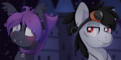 Size: 1600x800 | Tagged: safe, artist:pearlyiridescence, derpibooru exclusive, oc, oc only, oc:astral void, oc:commissar junior, bat pony, pony, blind, blushing, castle, collar, fangs, goggles, grin, icon, looking at each other, male, night, scar, smiling, stallion