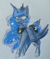 Size: 1836x2160 | Tagged: safe, artist:sue--boo, princess luna, pony, g4, cute, cute little fangs, fangs, female, simple background, solo, traditional art, watermark