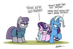 Size: 2141x1425 | Tagged: safe, artist:bobthedalek, maud pie, starlight glimmer, trixie, earth pony, pony, unicorn, rock solid friendship, comic, dialogue, female, implied lesbian, implied shipping, implied startrix, inconvenient trixie, mare, ponies riding ponies, raised hoof, riding, simple background, starlight glimmer is not amused, starlight glimmer riding trixie, trio, unamused, white background