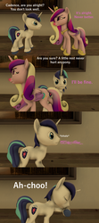 Size: 1920x4320 | Tagged: safe, artist:red4567, princess cadance, shining armor, pony, g4, 3d, cold, comic, female, flu, fourth wall, high res, male, red nosed, ship:shiningcadance, shipping, sick, sneezing, source filmmaker, straight