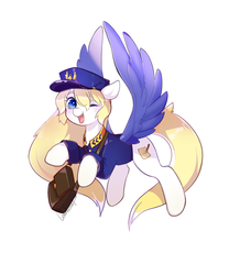Size: 1000x1200 | Tagged: safe, artist:lemonheart, oc, oc only, pegasus, pony, clothes, colored wings, cute, female, flying, hat, mailpony, mare, one eye closed, open mouth, simple background, solo, uniform, white background, wink