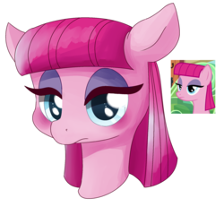 Size: 1631x1510 | Tagged: safe, artist:archego-art, screencap, pinkie pie, earth pony, pony, g4, rock solid friendship, season 7, behaving like maud pie, blushing, bust, eyeshadow, female, looking at you, makeup, screencap reference, simple background, solo, transparent background