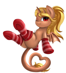 Size: 2550x2850 | Tagged: safe, artist:pridark, oc, oc only, oc:sheila, pony, succubus, butt, clothes, commission, female, heart, high res, horn, long tail, looking at you, mare, one eye closed, plot, red eyes, simple background, slit pupils, smiling, socks, solo, stockings, striped socks, succupony, thigh highs, transparent background, wink, ych result
