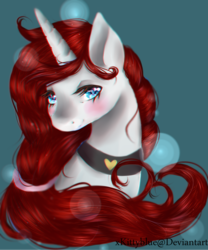 Size: 1448x1737 | Tagged: safe, artist:xkittyblue, oc, oc only, oc:teddy heart, pony, unicorn, art trade, blue eyes, choker, colored pupils, female, looking at you, mare, red hair, solo