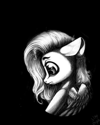 Size: 800x1000 | Tagged: safe, artist:limchph2, fluttershy, pony, g4, black and white, black background, bust, female, floppy ears, grayscale, looking down, monochrome, portrait, profile, sad, simple background, solo, teary eyes, wings