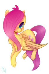 Size: 800x1197 | Tagged: safe, artist:jayfrost71, fluttershy, pony, g4, female, hair over one eye, looking at you, simple background, solo, spread wings, transparent background, turned head, wings, younger