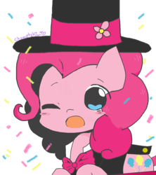 Size: 912x1028 | Tagged: safe, artist:chametzkiwi, pinkie pie, earth pony, pony, g4, bowtie, clothes, confetti, cute, diapinkes, female, hat, one eye closed, solo, suit, top hat, wink