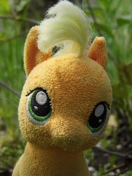 Size: 3456x4608 | Tagged: safe, artist:mfg637, applejack, earth pony, pony, g4, bust, female, high res, irl, looking at you, mare, photo, plushie, portrait, solo, toy