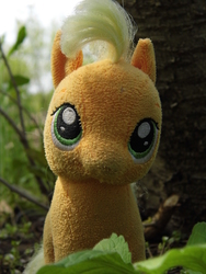 Size: 3456x4608 | Tagged: safe, artist:mfg637, applejack, earth pony, pony, g4, bust, female, high res, irl, mare, nature, photo, plushie, portrait, solo, toy