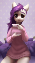 Size: 1100x1950 | Tagged: safe, artist:pessadie, oc, oc only, earth pony, anthro, adoracreepy, big eyes, clothes, creepy, cup, cute, female, lidded eyes, looking at you, mare, sitting, smiling, solo, sweater, teacup, uncanny valley