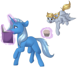 Size: 4000x3619 | Tagged: safe, artist:rue-willings, derpy hooves, trixie, pegasus, pony, g4, book, female, flying, food, magic, mare, muffin, simple background, telekinesis, transparent background