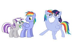 Size: 7449x4153 | Tagged: safe, alternate version, artist:theunknowenone1, rainbow blaze, rainbow dash, twilight sparkle, twilight velvet, pony, g4, absurd resolution, alternate timeline, alternate universe, conjoined, family photo, fusion, multiple heads, race swap, siblings, simple background, sisters, twins, two heads, wat, we have become one, white background