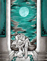 Size: 982x1253 | Tagged: safe, artist:aerolp, princess luna, alicorn, pony, g4, butt, female, full moon, hallway, looking at you, looking back, looking back at you, moon, moonbutt, night, plot, solo, traditional art